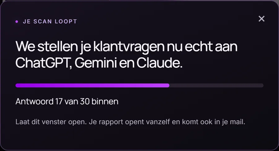 Het voortgangsscherm tijdens de scan: antwoord 17 van 30 binnen